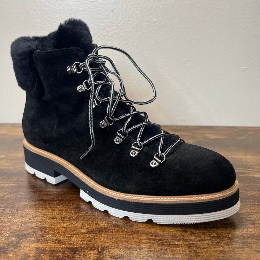 Napoleoni Winter Boots 40 Womens Black Leather Suede Shearling Lace Up Lug Sole